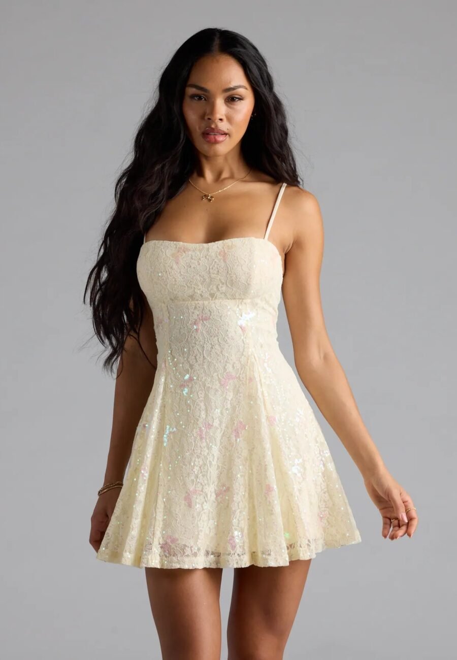 Whimsical Sparkle Butterfly Sequin Lace-Up Skater Dress